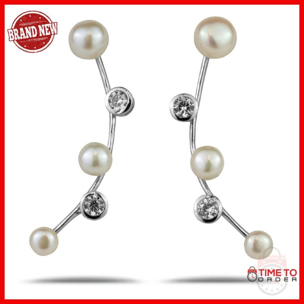 Sterling Silver Dangling CZ Pearl Ear Crawler Climber Stud Earrings